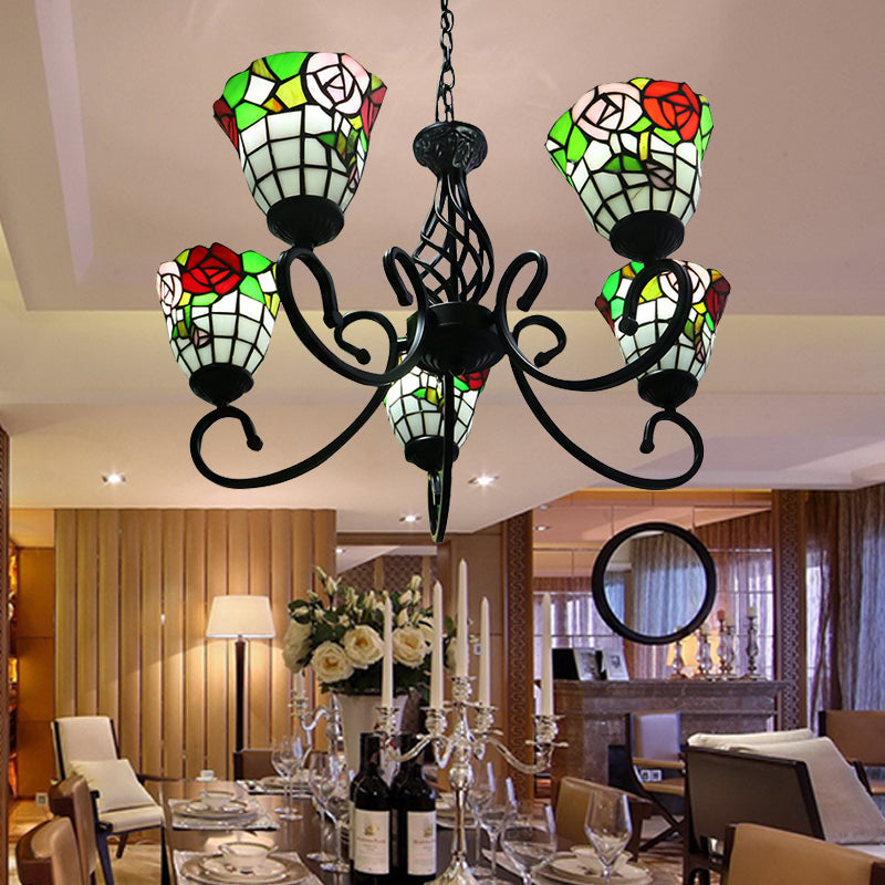 Lustre Lodge en vitrail - Luminaire suspendu en forme de rose avec suspension à 5 lumières - Finition noire