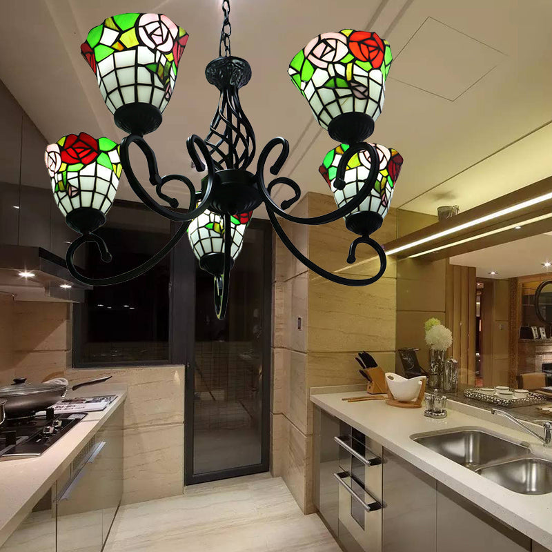 Lustre Lodge en vitrail - Luminaire suspendu en forme de rose avec suspension à 5 lumières - Finition noire
