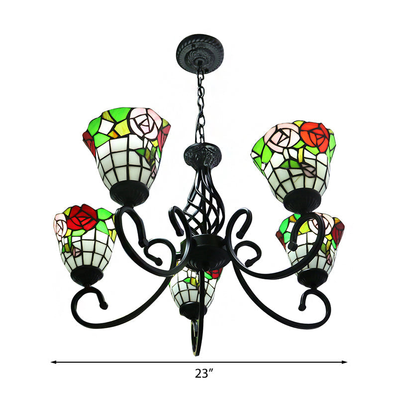 Lustre Lodge en vitrail - Luminaire suspendu en forme de rose avec suspension à 5 lumières - Finition noire