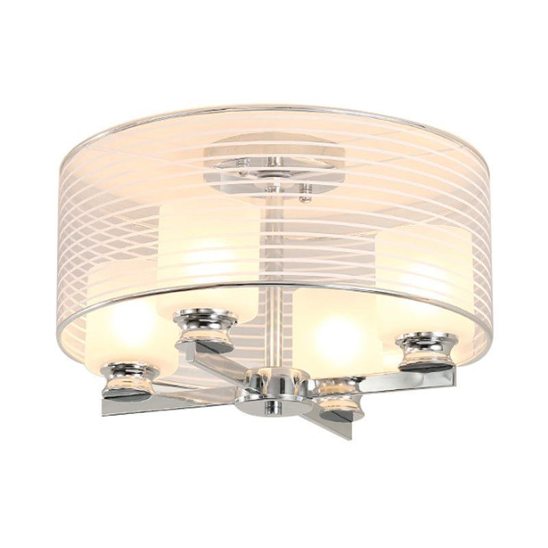 Plafonnier semi-encastré contemporain en verre blanc - 4 lumières, luminaire chromé avec abat-jour en verre à bande