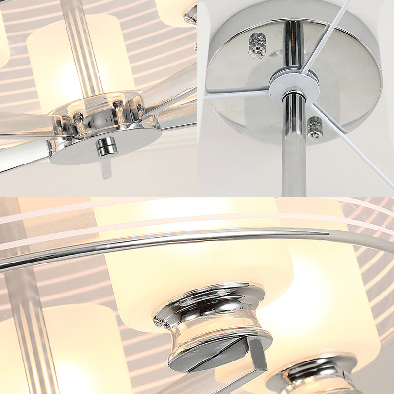 Plafonnier semi-encastré contemporain en verre blanc - 4 lumières, luminaire chromé avec abat-jour en verre à bande