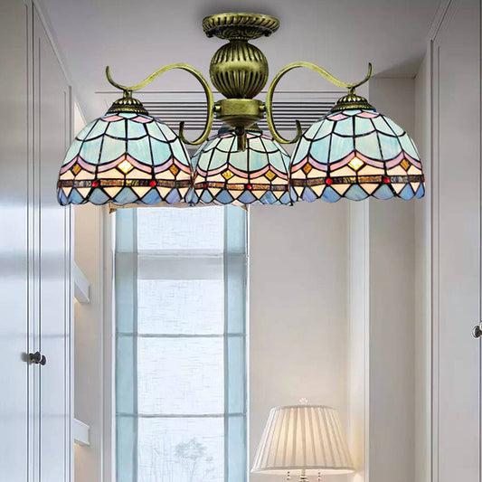 Lustre rétro en vitrail bleu à 3 lumières
