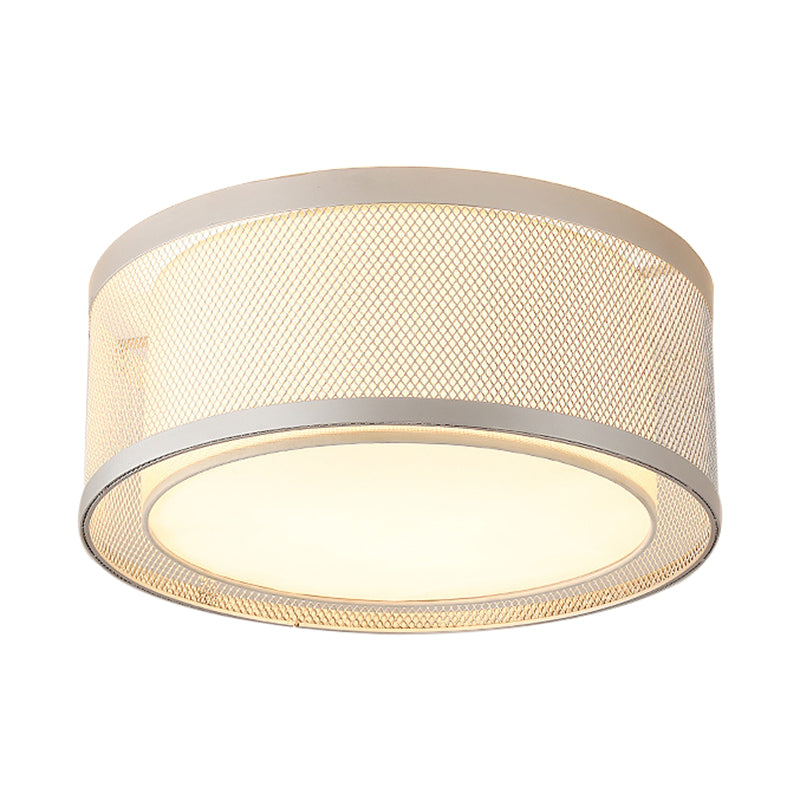 Contemporary 4-Light Silver Metal Drum Flush Mount Ceiling Lamp with Frosted Diffuser