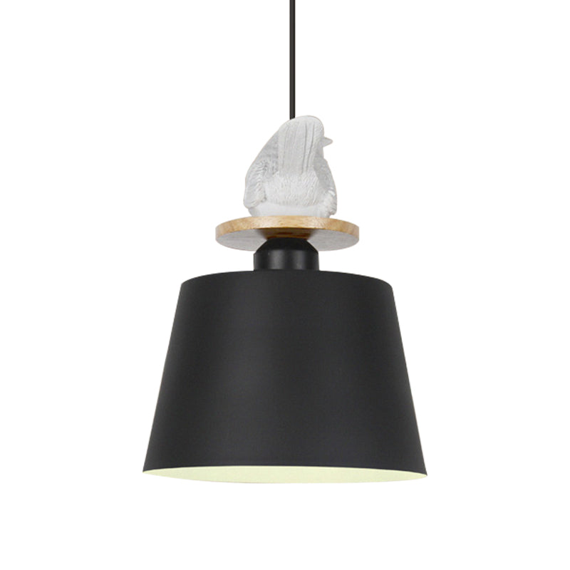 Tapered Shade Cloth Ceiling Pendant Light with Metal Finish and Pigeon Deco - 1 Head Hanging Fixture