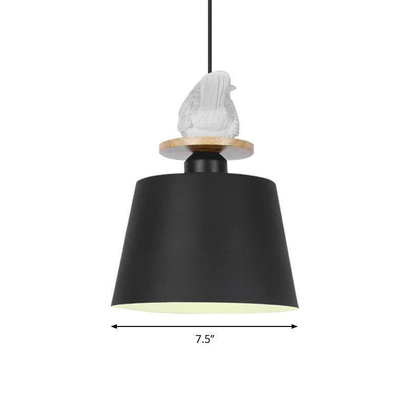 Tapered Shade Cloth Ceiling Pendant Light with Metal Finish and Pigeon Deco - 1 Head Hanging Fixture