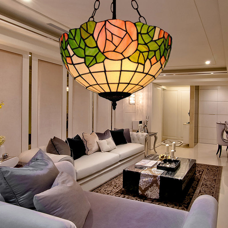 Tiffany Style Pink Glass Pendant Light - 2/3 Lights Bowl Suspended Fixture for Living Room, 12"/16" Width