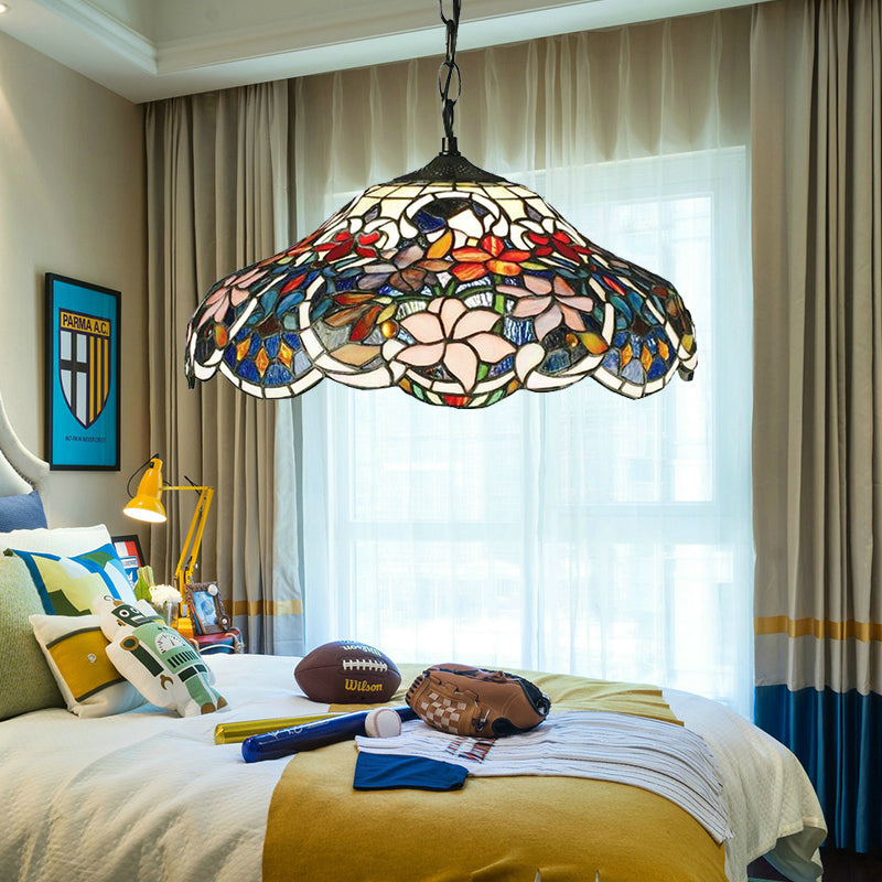 Suspension florale en vitrail de style Tiffany - Luminaire suspendu noir avec chaîne réglable