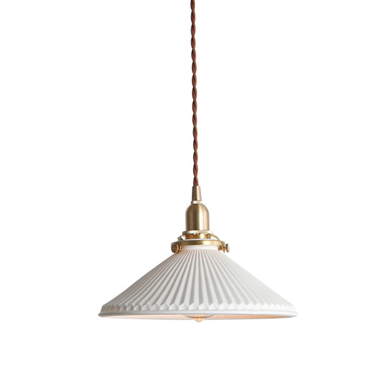 Lampe suspendue de salle à manger à cône strié Lampe suspendue de style simple à 1 lumière en céramique blanche