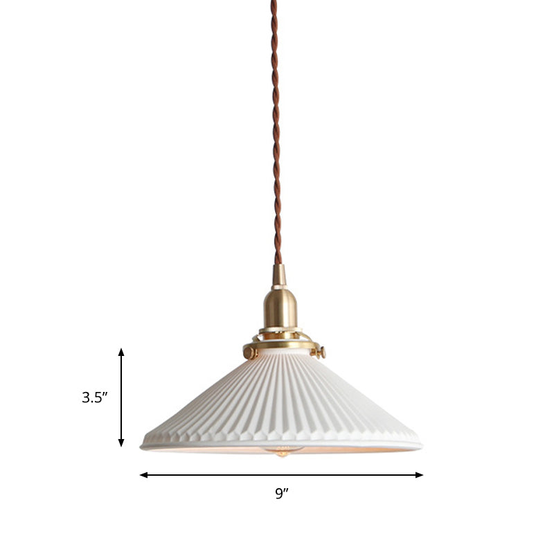 Lampe suspendue de salle à manger à cône strié Lampe suspendue de style simple à 1 lumière en céramique blanche