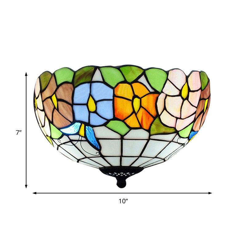 Tiffany Stained Glass Flush Mount Lighting with Flower and Butterfly Pattern in White - Bowl Shade Flush Mount