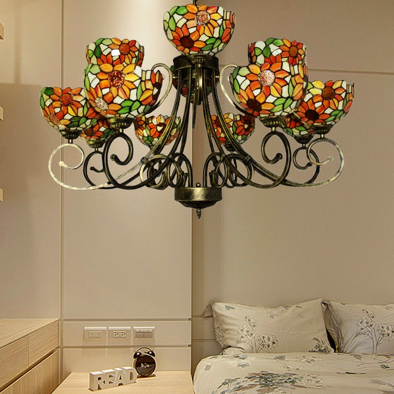 Lustre en vitrail tournesol – Superbe suspension Tiffany en bronze antique | Idéal pour les villas