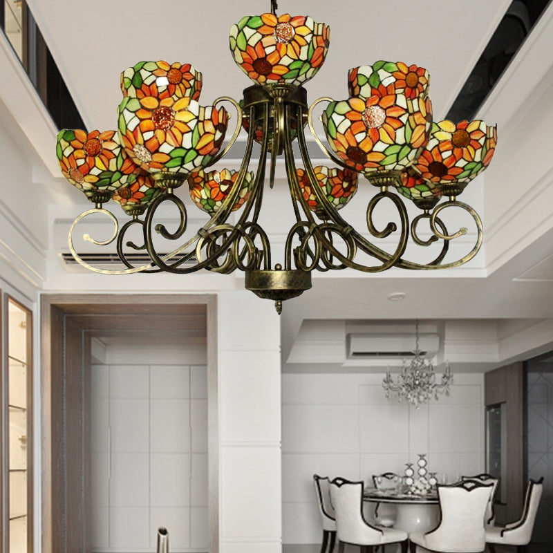 Lustre en vitrail tournesol – Superbe suspension Tiffany en bronze antique | Idéal pour les villas