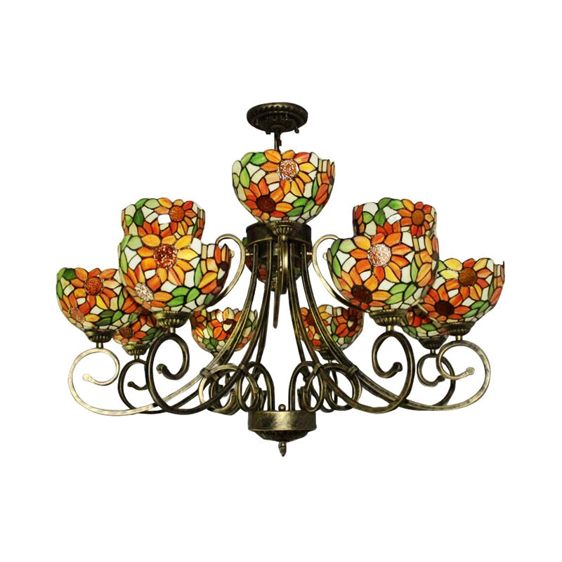 Lustre en vitrail tournesol – Superbe suspension Tiffany en bronze antique | Idéal pour les villas