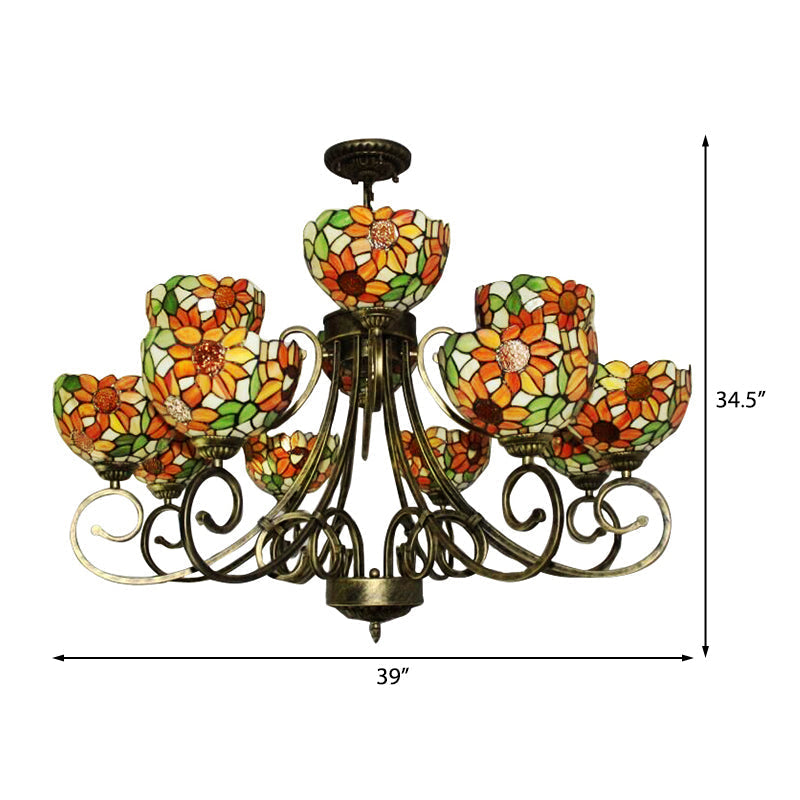 Lustre en vitrail tournesol – Superbe suspension Tiffany en bronze antique | Idéal pour les villas