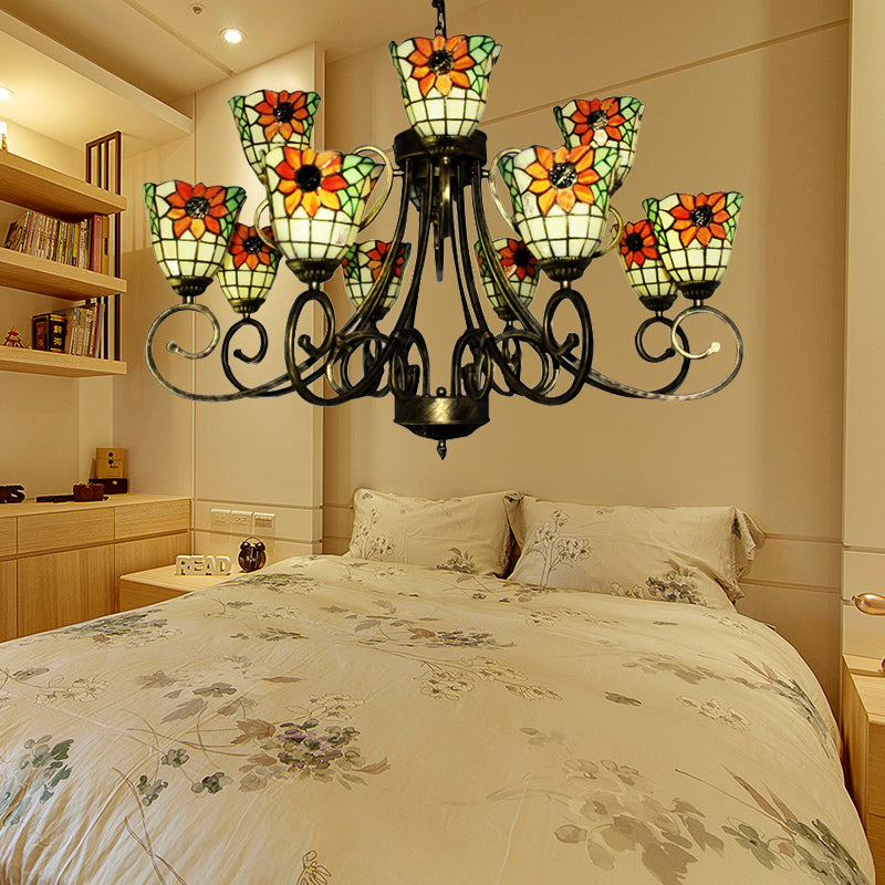 Lustre en vitrail tournesol – Superbe suspension Tiffany en bronze antique | Idéal pour les villas