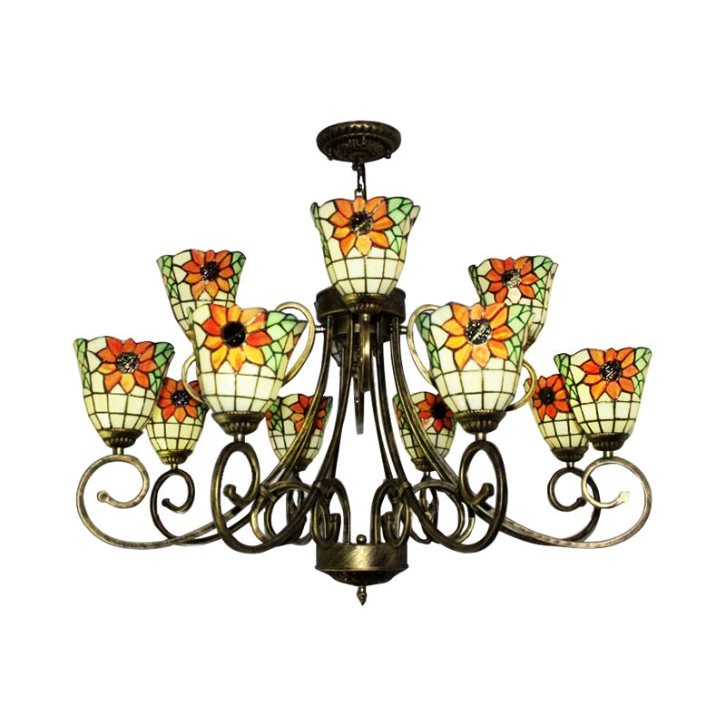 Lustre en vitrail tournesol – Superbe suspension Tiffany en bronze antique | Idéal pour les villas