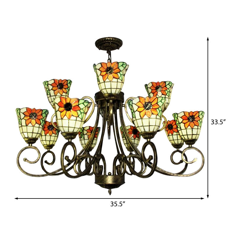Lustre en vitrail tournesol – Superbe suspension Tiffany en bronze antique | Idéal pour les villas
