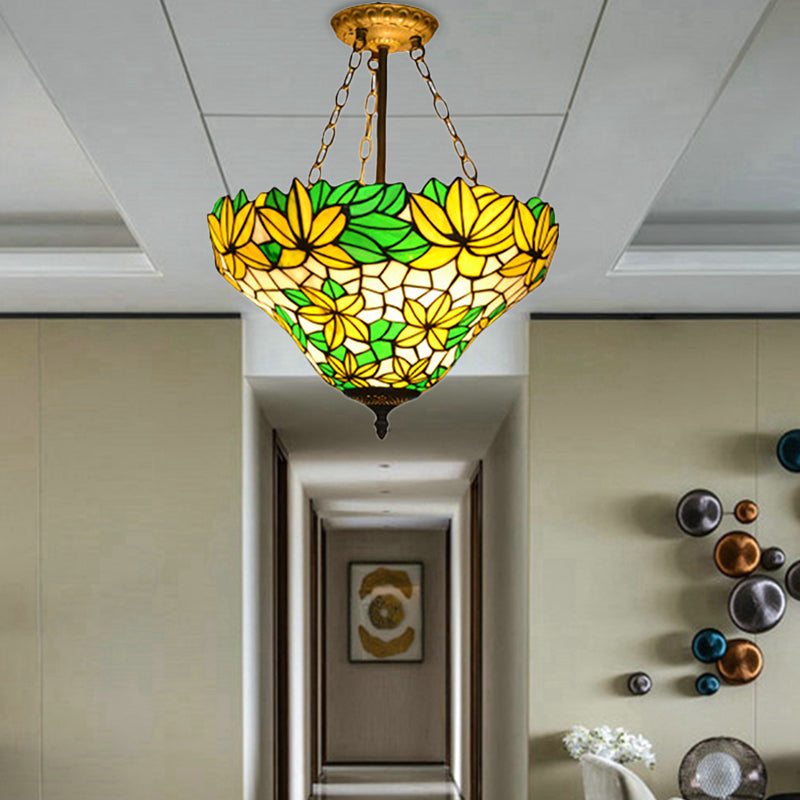 Rustic Floral Chandelier Pendant Light - Yellow Stained Glass for Kindergarten