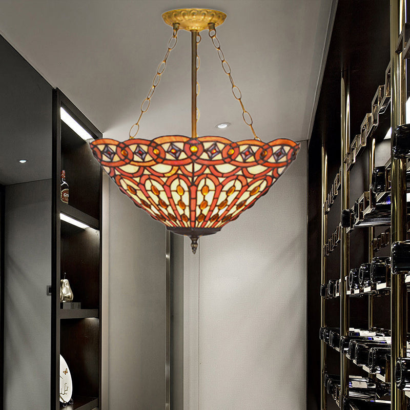 Vintage Tiffany Stained Glass Chandelier with Brass Finish - Perfect for Dining Table