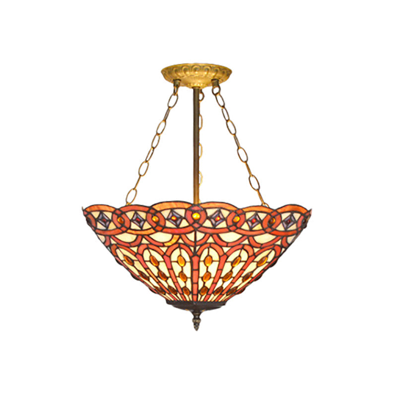 Vintage Tiffany Stained Glass Chandelier with Brass Finish - Perfect for Dining Table