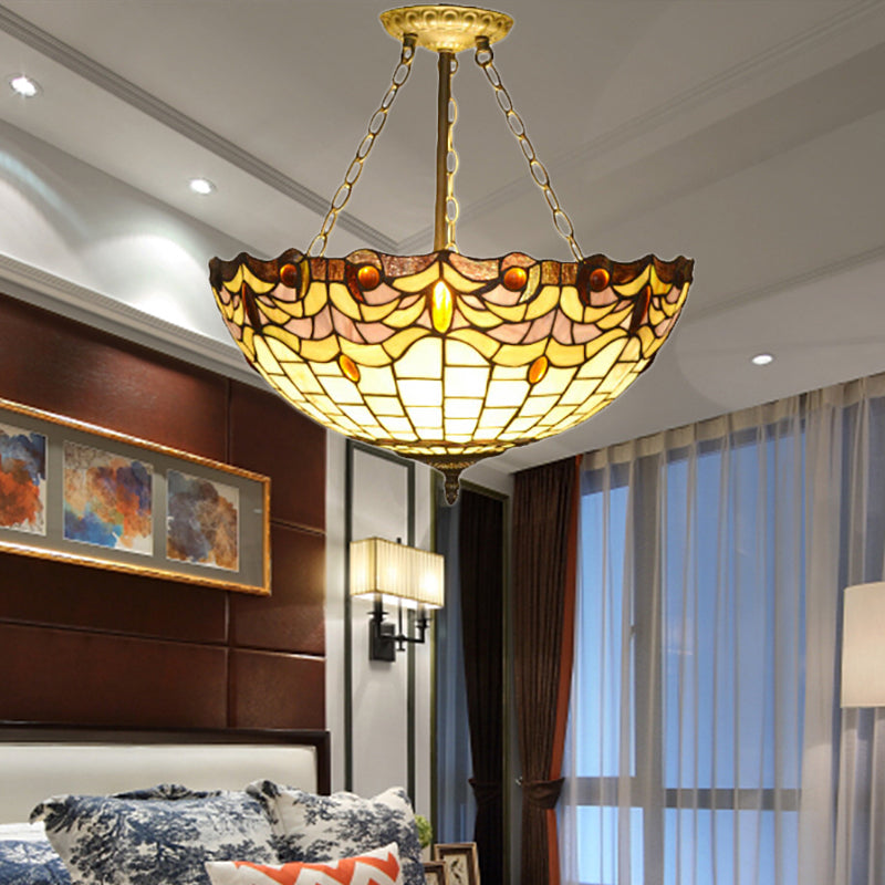 Vintage Tiffany Stained Glass Chandelier with Brass Finish - Perfect for Dining Table