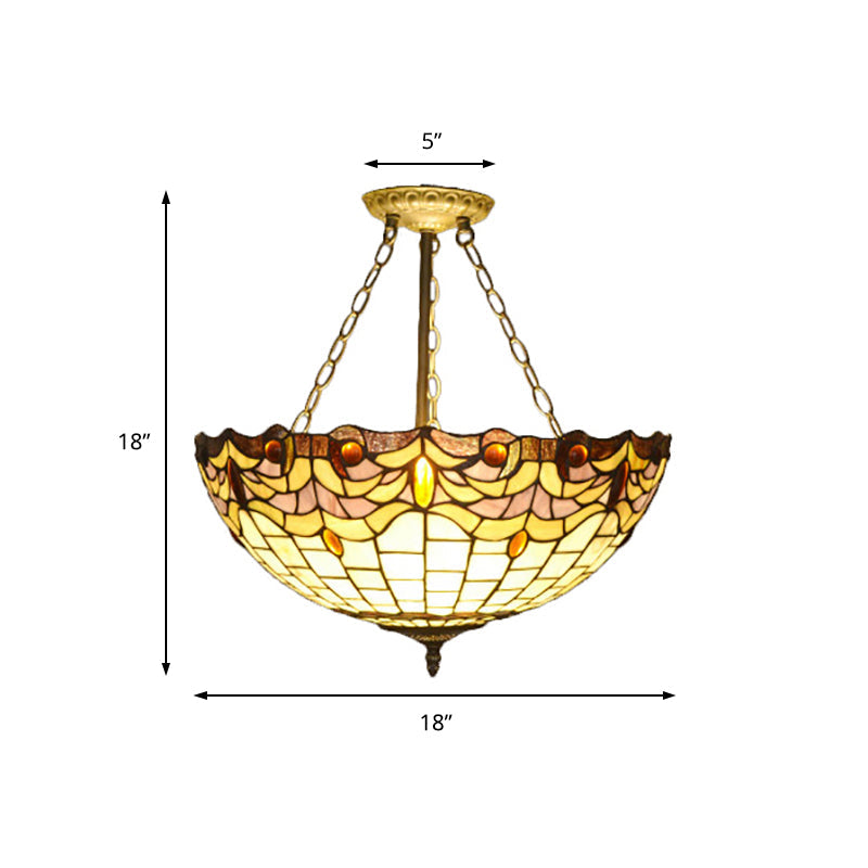 Vintage Tiffany Stained Glass Chandelier with Brass Finish - Perfect for Dining Table