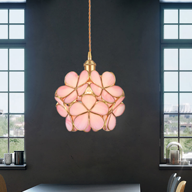 Gold Flower Dining Table Pendant Light With Metal & Glass - Elegant Single Hanging Lamp Pink