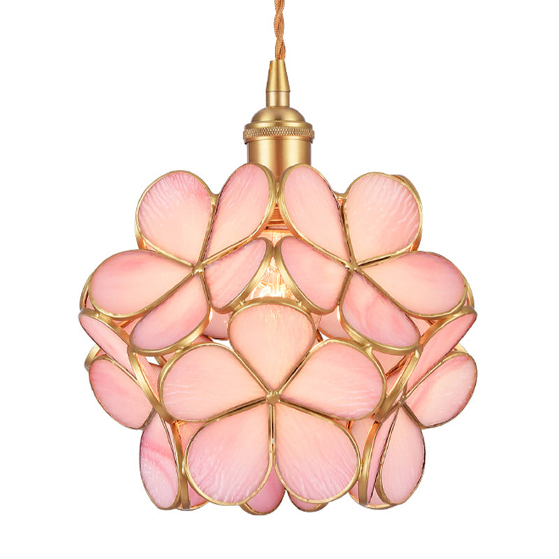 Gold Metal & Glass Flower Dining Table Pendant Light - Single Hanging Lamp