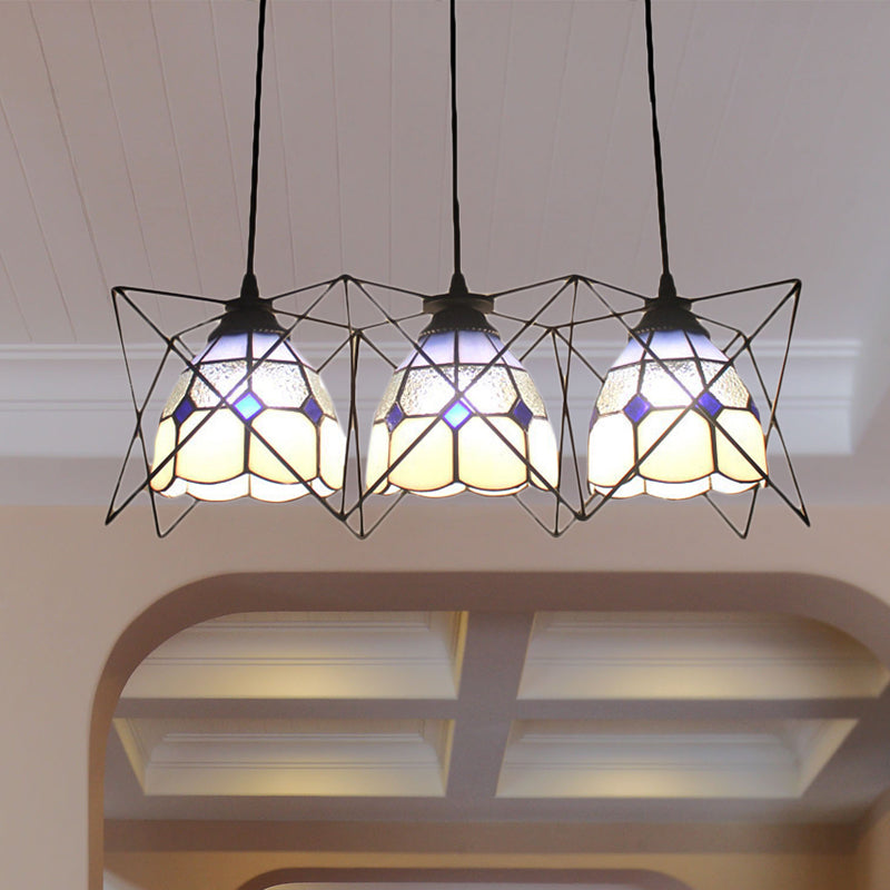 Tiffany Kitchen Pendant Light: Grid Bowl Design with Wire Frame Glass, 3 Heads
