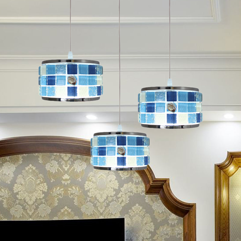 Mediterranean Drum Hanging Lamp with Blue Crystal Accents - 3 Lights, Mosaic Design, Round/Linear Canopy