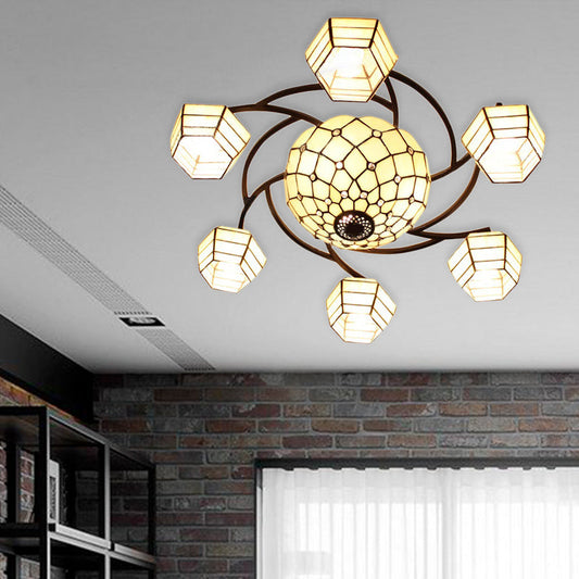 Vintage Stained Glass Ceiling Light Fixture - 7-Head Flush Mount in White for Bedroom