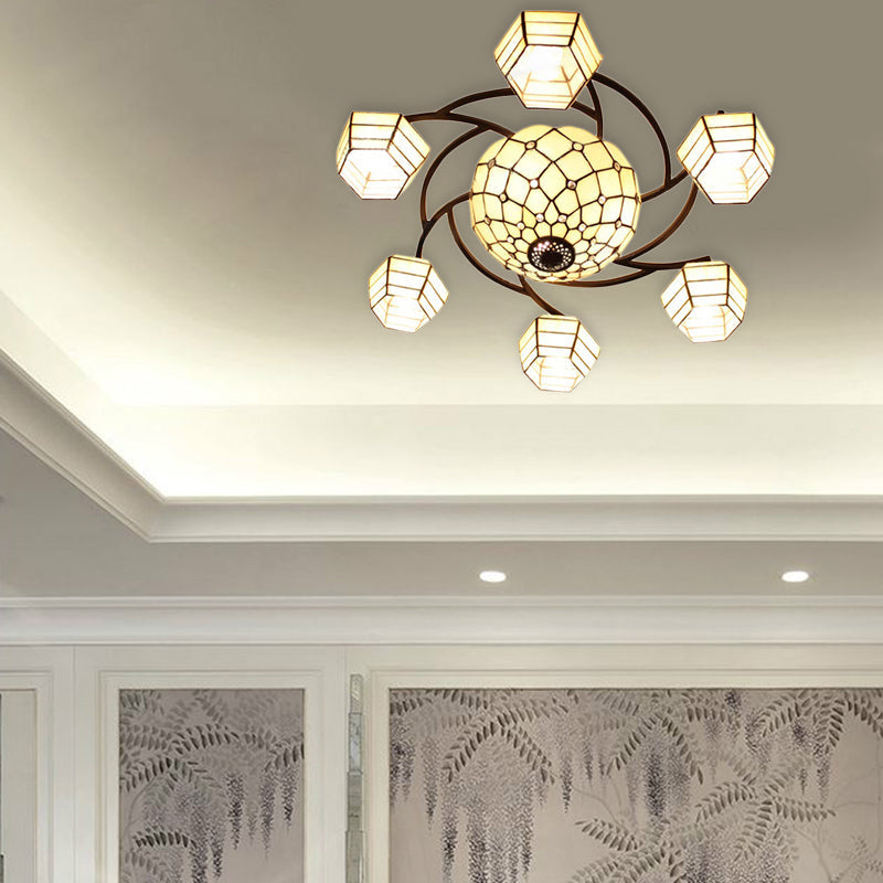 Vintage Stained Glass Ceiling Light Fixture - 7-Head Flush Mount In White Bedroom Lighting
