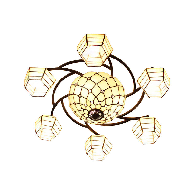 Vintage Stained Glass Ceiling Light Fixture - 7-Head Flush Mount In White Bedroom Lighting