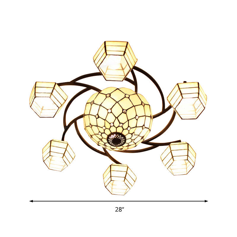 Vintage Stained Glass Ceiling Light Fixture - 7-Head Flush Mount In White Bedroom Lighting
