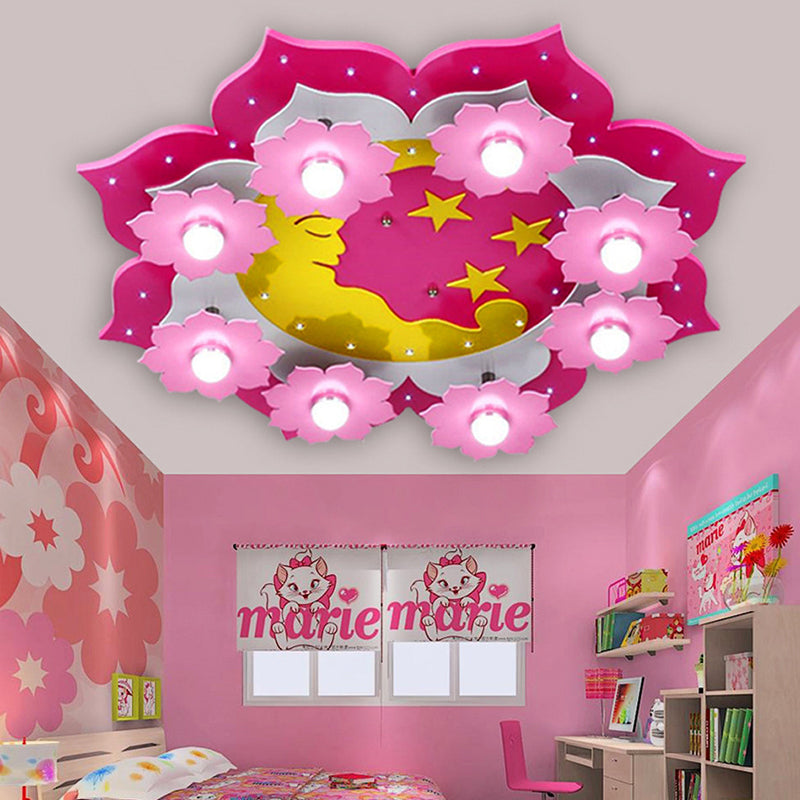 Plafonnier à fleurs roses avec 8 lumières de lune et d'étoiles pour chambre de fille