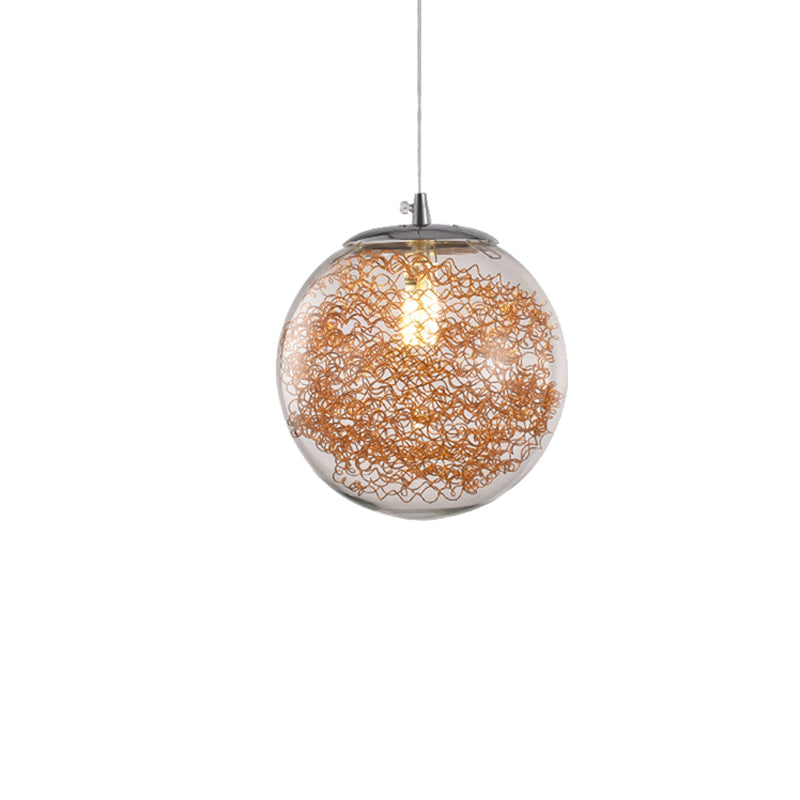 Modern Spherical Glass Pendant Light with Wire Deco - Clear, 1-Light Hanging Fixture