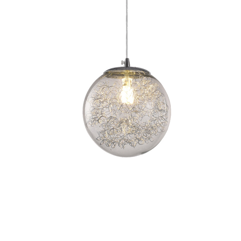Modern Hanging Light: Clear Glass Sphere Pendant With Wire Deco - 1 Light