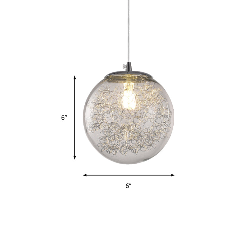 Modern Hanging Light: Clear Glass Sphere Pendant With Wire Deco - 1 Light