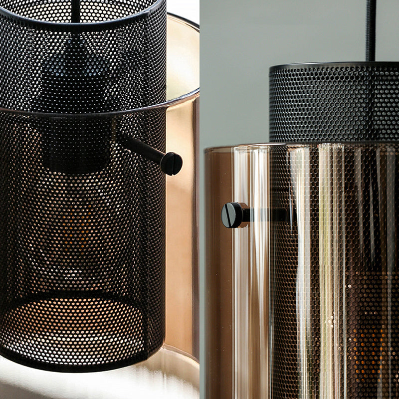 Modern Amber Cylinder Pendant Lamp with Hollow Mesh Screen - Ideal Hanging Light for Kitchen, 1 Bulb
