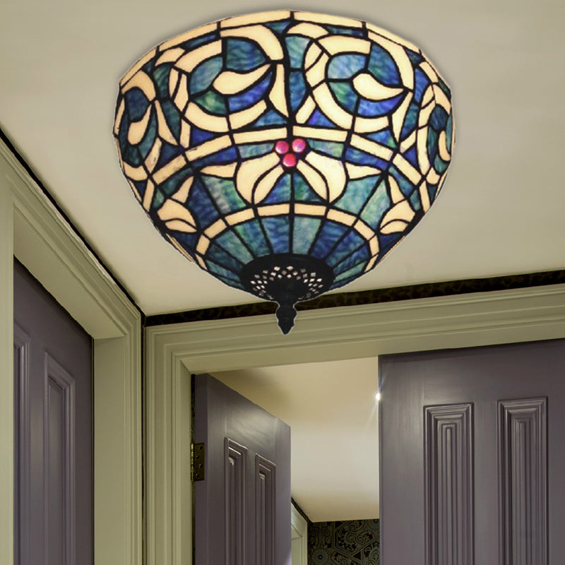 Rustic Stained Glass Flush Mount Light - 2-Light Fixture For Bedroom Blue