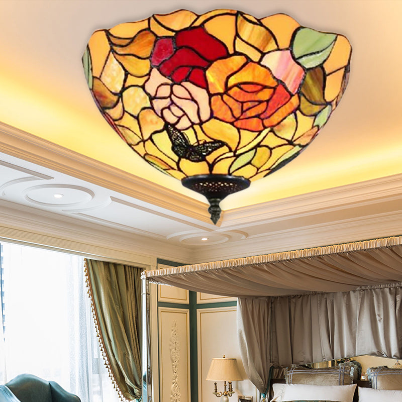Plafonnier à 2 lampes inspiré du Lodge avec rosace en vitrail pour chambre à coucher