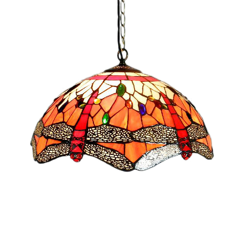 Dragonfly Ceiling Light - Orange Hand Cut Glass Victorian Fixture - 2-Head Suspended Lighting