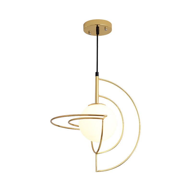 Gold Globe Pendant Light With Wire Frame And Milk Glass For Dining Room