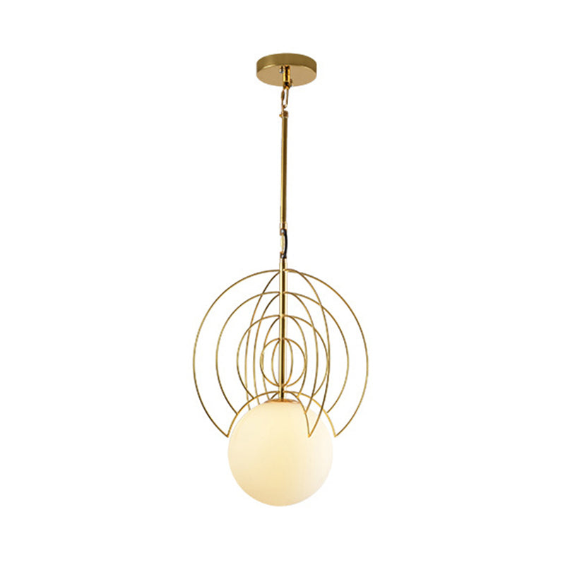 Gold Milk Glass Orb Pendant Lamp With Wire Ring - Contemporary 1-Head Suspension Light For Hotels