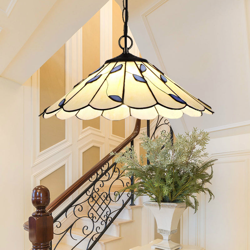 Plafonnier évasé de style Tiffany - Vitrail beige à motif de feuilles