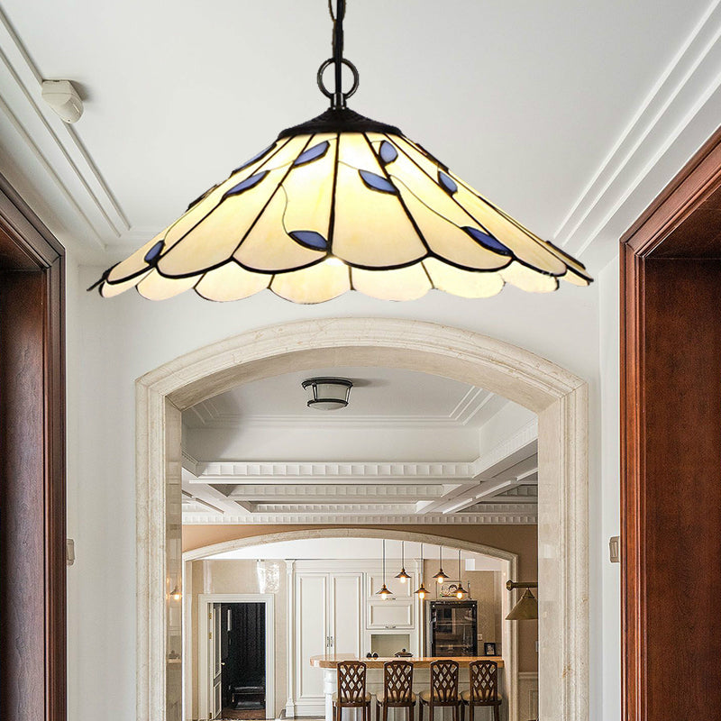 Plafonnier évasé de style Tiffany - Vitrail beige à motif de feuilles