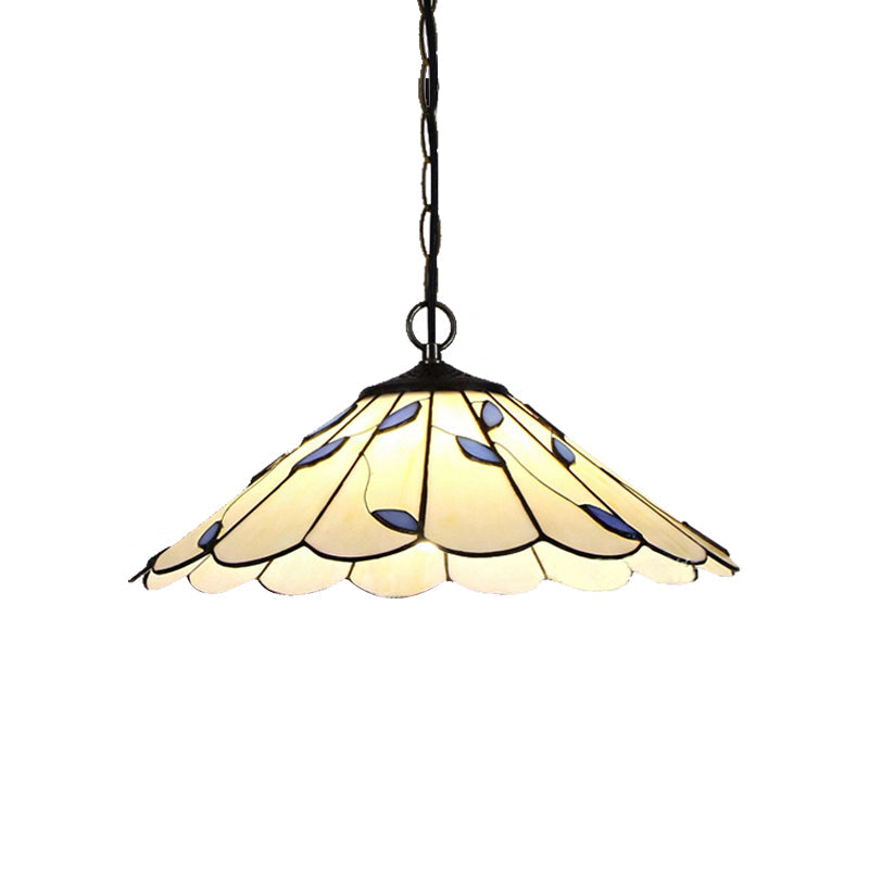 Plafonnier évasé de style Tiffany - Vitrail beige à motif de feuilles