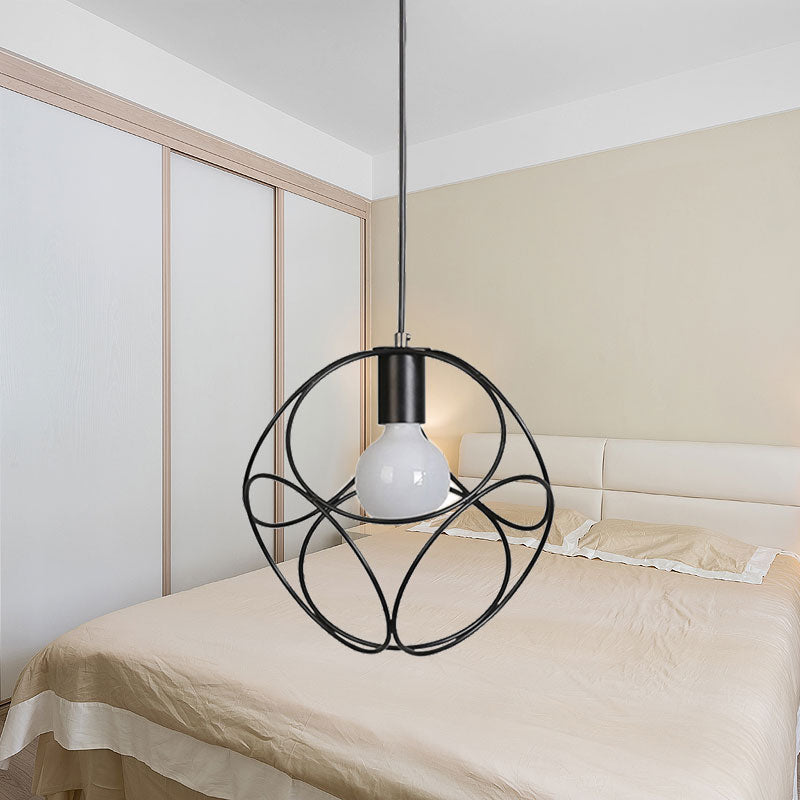 Macaron Globe Wire Frame Pendant Light For Kids Bedroom Black