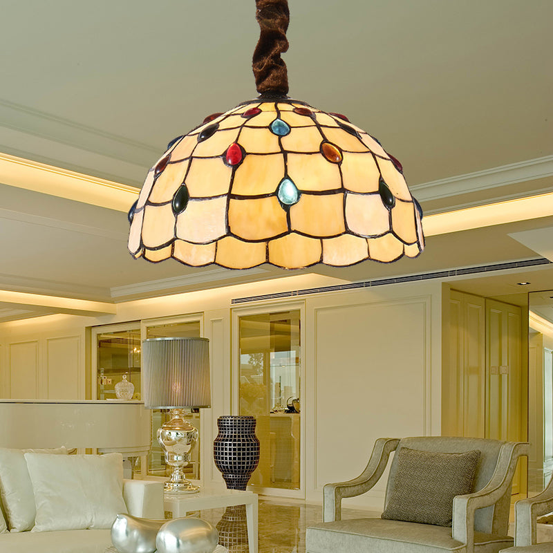 Lampe suspendue en vitrail Tiffany - Bol de 12" ou 16" de large - 1 ampoule - Couleur beige - Accents de perles colorées