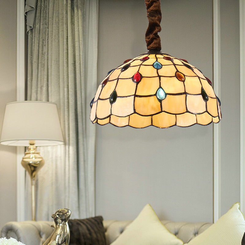 Lampe suspendue en vitrail Tiffany - Bol de 12" ou 16" de large - 1 ampoule - Couleur beige - Accents de perles colorées